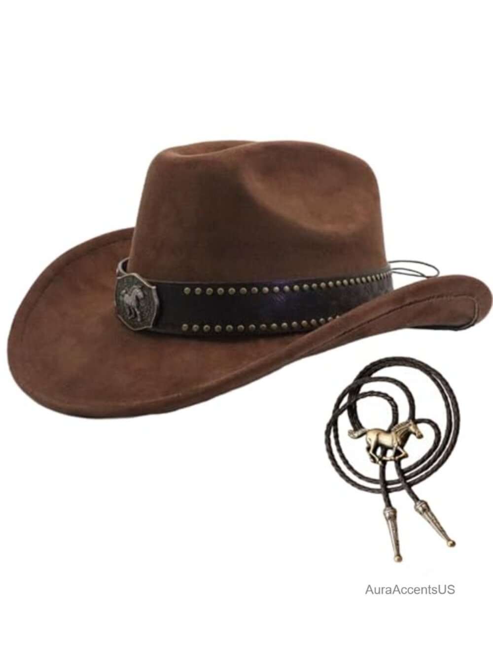 Suede Cowboy Hat Set with Horse Bolo Tie Adjustable Western Hat